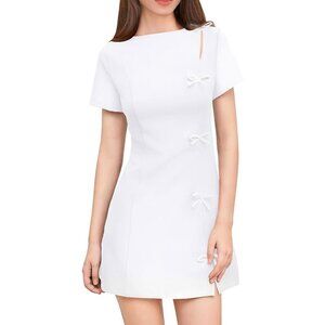 Women White Short Sleeve Mini Dress with White Bow Details Elegant Party Outfit